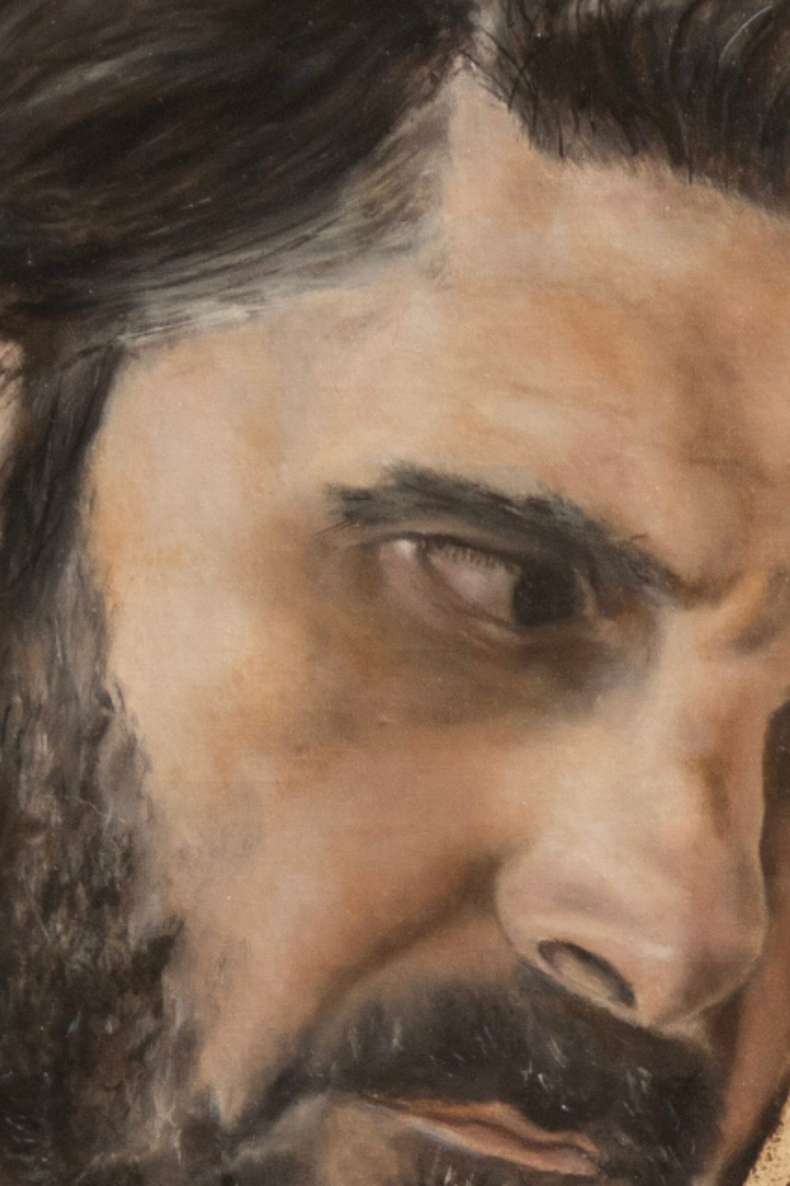 Close-up of a male face with intense expression from the painting “Enigma” by Francesco Fieni</p>
<p>