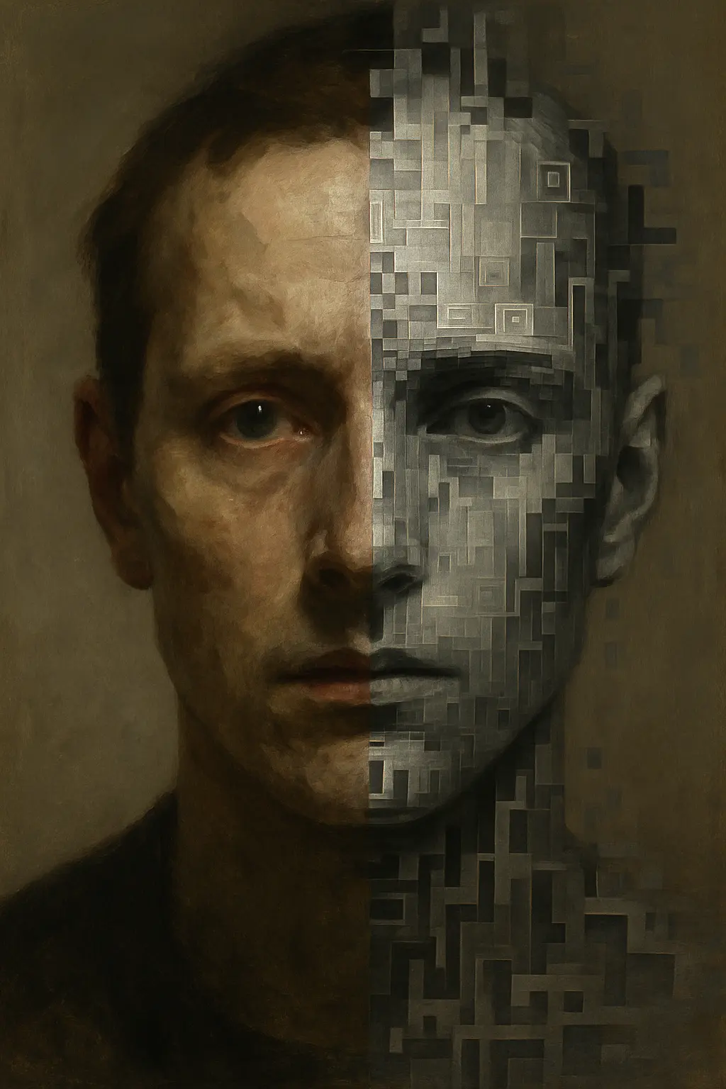 Human Face Between Painting and Algorithm – AI-generated with Sora AI-generated portrait created with Sora, showing a human face divided between expressive oil painting and abstract digital geometry. A reflection on human creativity versus artificial reproduction.